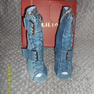 Liliana Blue Denim Open Toe Ankle Boots Heels